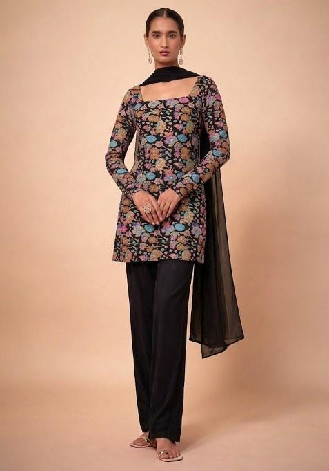 Black Floral Print Chinon Pakistani Suit Set