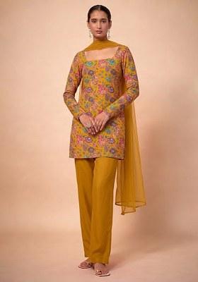 Mustard Floral Print Chinon Kurta Set
