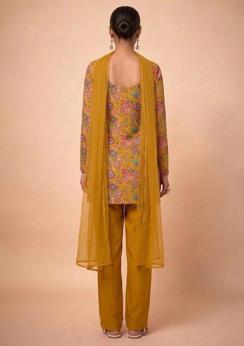 Mustard Floral Print Chinon Kurta Set - Indya