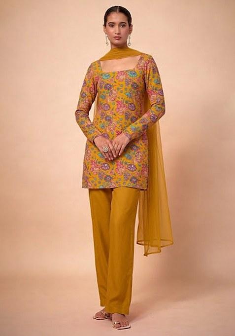 Mustard Embroidered Chinon Pakistani Suit Set
