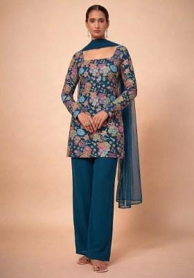 Teal Blue Floral Print Chinon Kurta Set