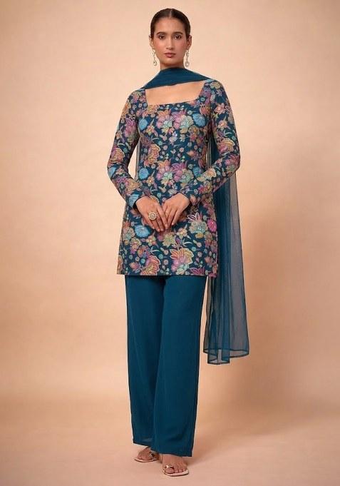 Teal Blue Embroidered Chinon Pakistani Suit Set