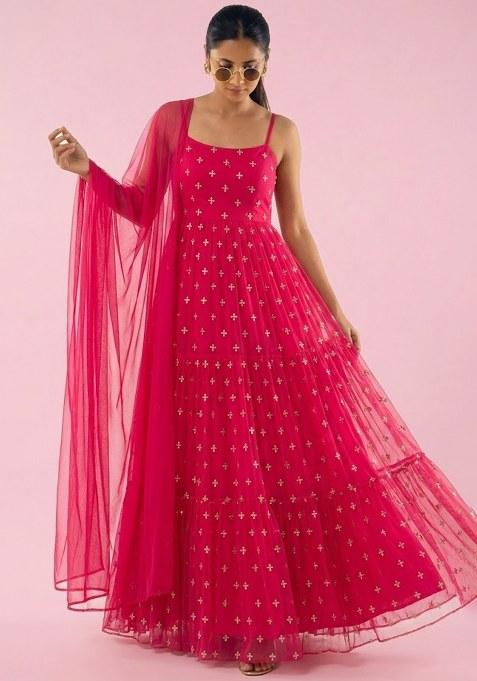Rani Pink Embroidered Organza Anarkali With Dupatta