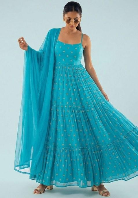 Aqua Green Embroidered Organza Anarkali With Dupatta