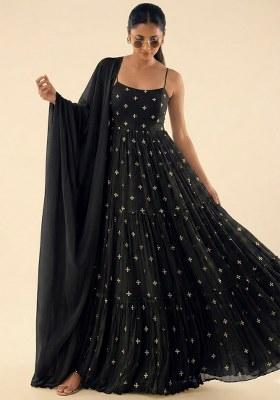 Black Embroidered Organza Anarkali With Dupatta