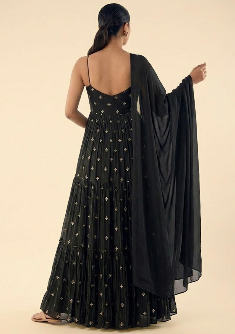 Black Embroidered Organza Anarkali With Dupatta - Indya