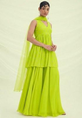 Parrot Green Embroidered Organza Sharara Set