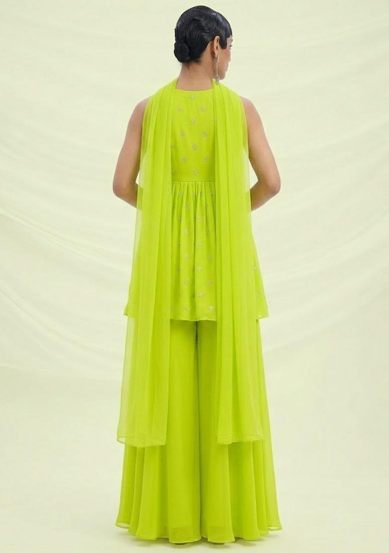 Parrot Green Embroidered Organza Sharara Set - Indya
