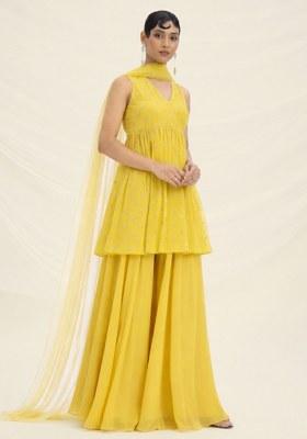 Bright Yellow Embroidered Organza Sharara Set