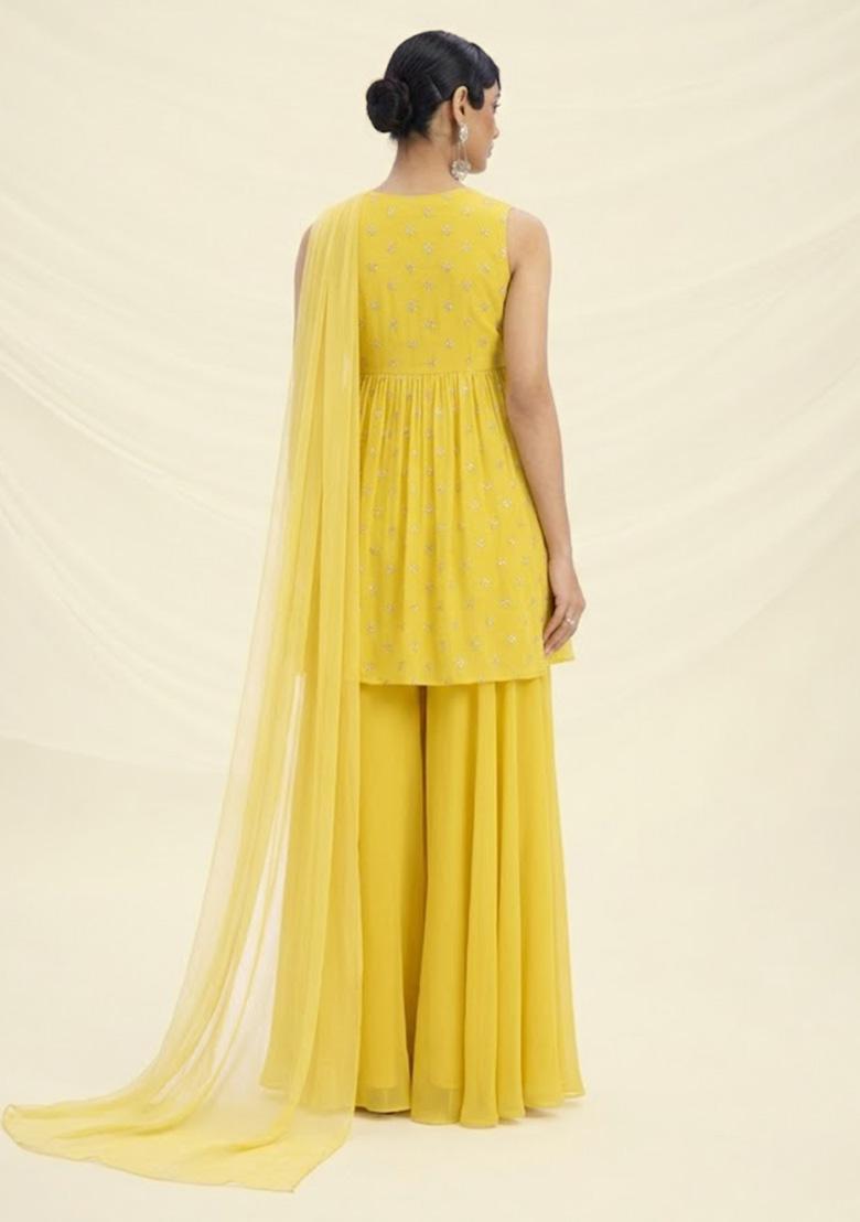 Bright Yellow Embroidered Organza Sharara Set - Indya
