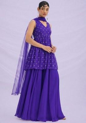 Royal Purple Embroidered Organza Sharara Set