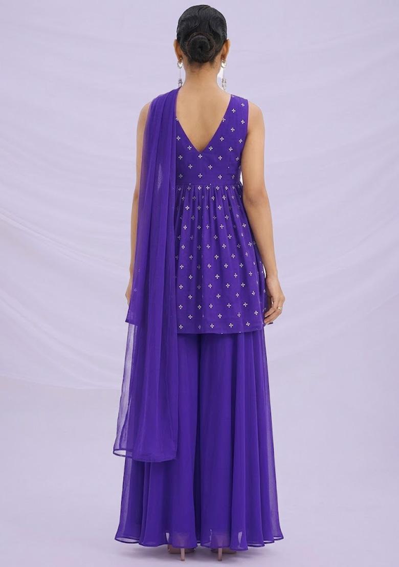 Royal Purple Embroidered Organza Sharara Set - Indya