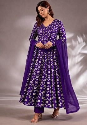 Royal Purple Jacquard Silk Anarkali Set