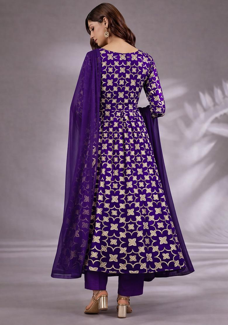 Royal Purple Jacquard Silk Anarkali Set - Indya