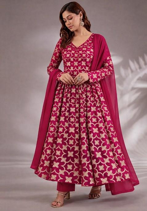 Rani Pink Jacquard Silk Anarkali Set