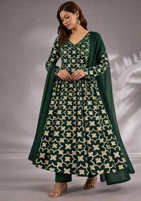 Bottle Green Jacquard Silk Anarkali Set