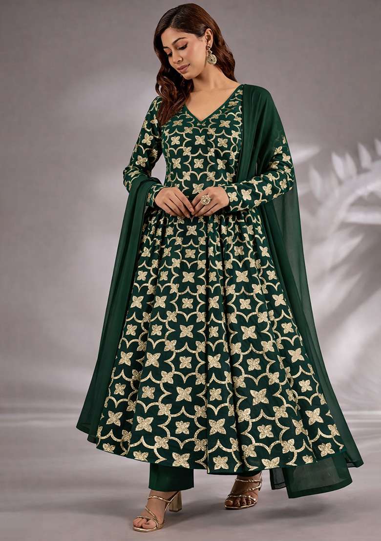 Bottle Green Jacquard Silk Anarkali Set - Indya