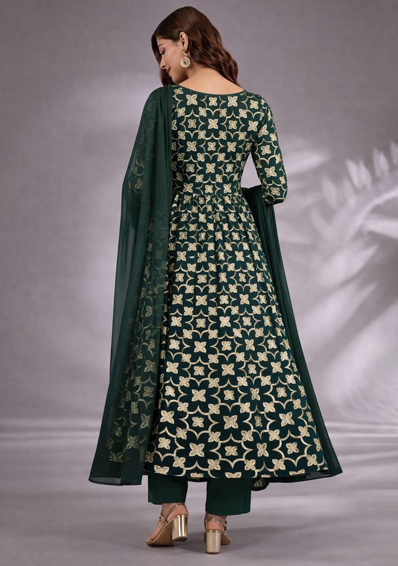 Bottle Green Jacquard Silk Anarkali Set - Indya