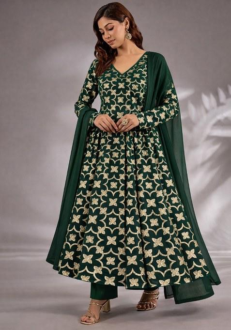 Bottle Green Jacquard Silk Anarkali Set