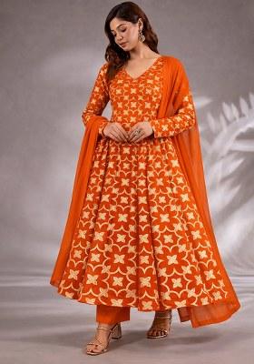 Orange Jacquard Silk Anarkali Set