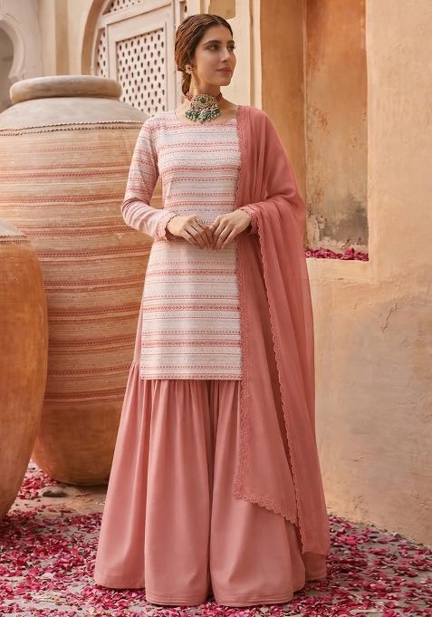 Peach Embellished Georgette Sharara Set