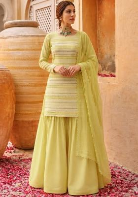 Butter Yellow Embellished Georgette Sharara Set