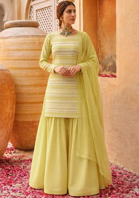 Butter Yellow Embellished Georgette Sharara Set