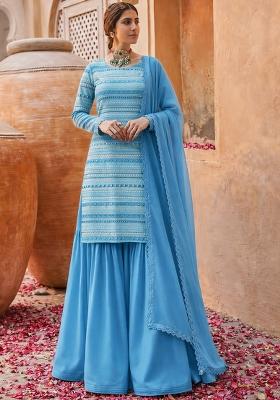Blue Embellished Georgette Sharara Set