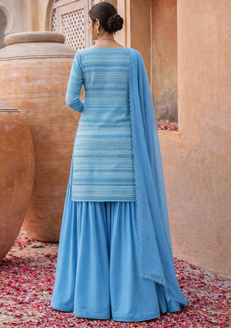 Blue Embellished Georgette Sharara Set - Indya