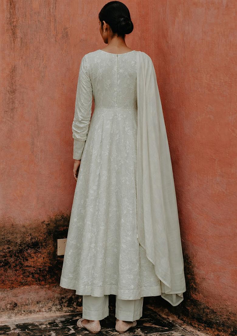 Ivory Jacquard Tissue Anarkali Set - Indya