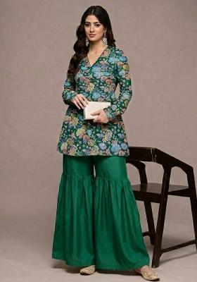 Emerald Green Floral Print Chinon Sharara Set