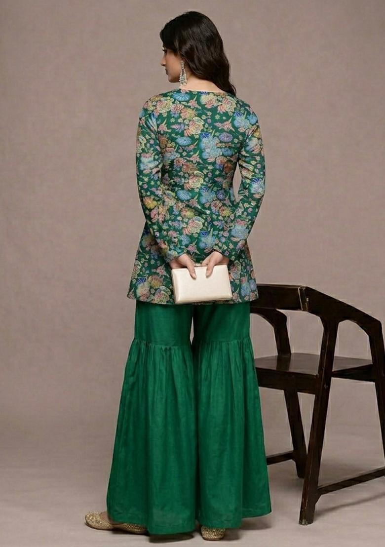 Emerald Green Floral Print Chinon Sharara Set - Indya