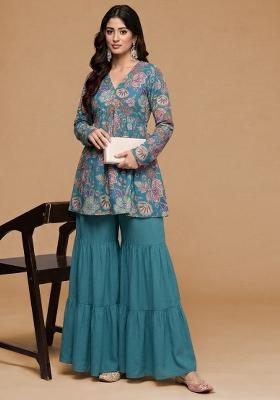 Teal Blue Floral Print Chinon Sharara Set