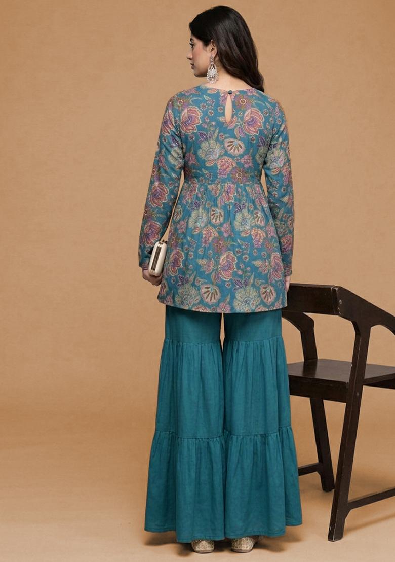 Teal Blue Floral Print Chinon Sharara Set - Indya