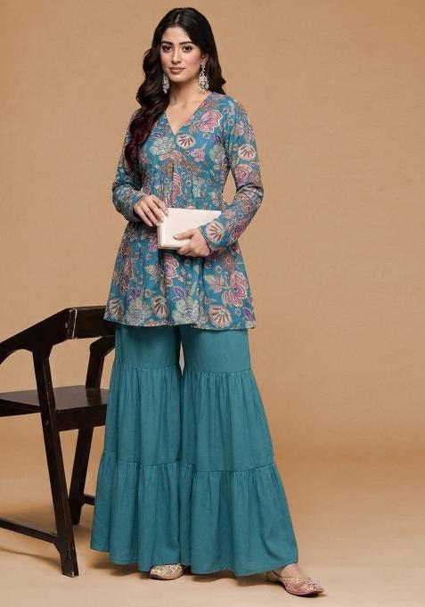 Teal Blue Floral Print Chinon Sharara Set