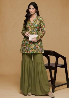 Olive Green Floral Print Chinon Sharara Set