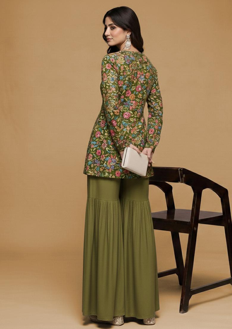 Olive Green Floral Print Chinon Sharara Set - Indya