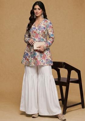Ivory Floral Print Chinon Sharara Set