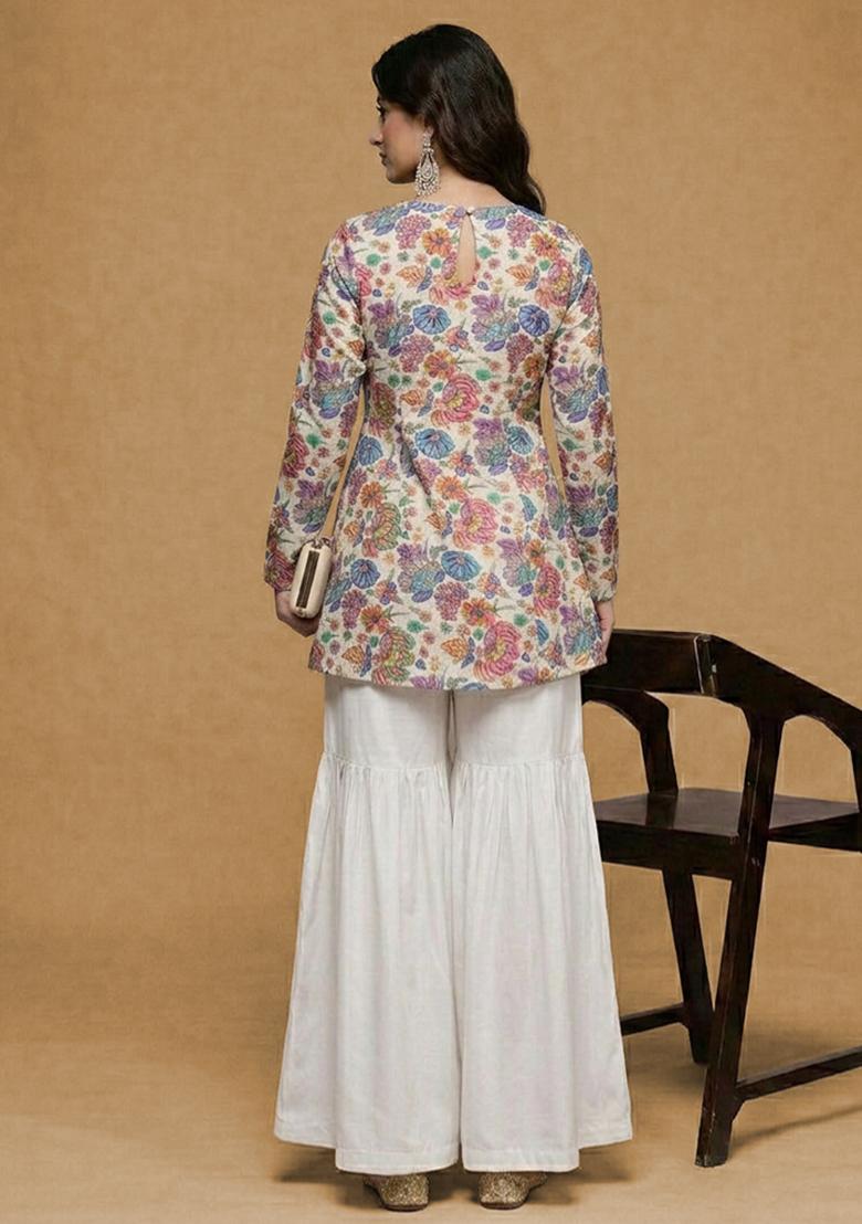 Ivory Floral Print Chinon Sharara Set - Indya