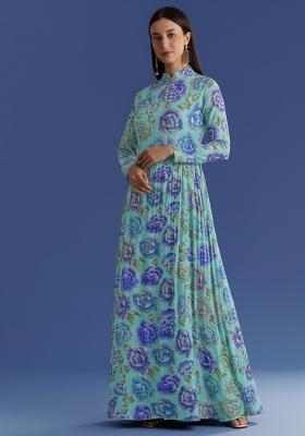 Aqua Blue Embroidered Chinon Anarkali
