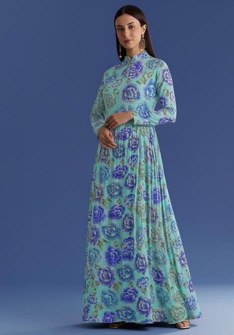 Aqua Blue Embroidered Chinon Anarkali