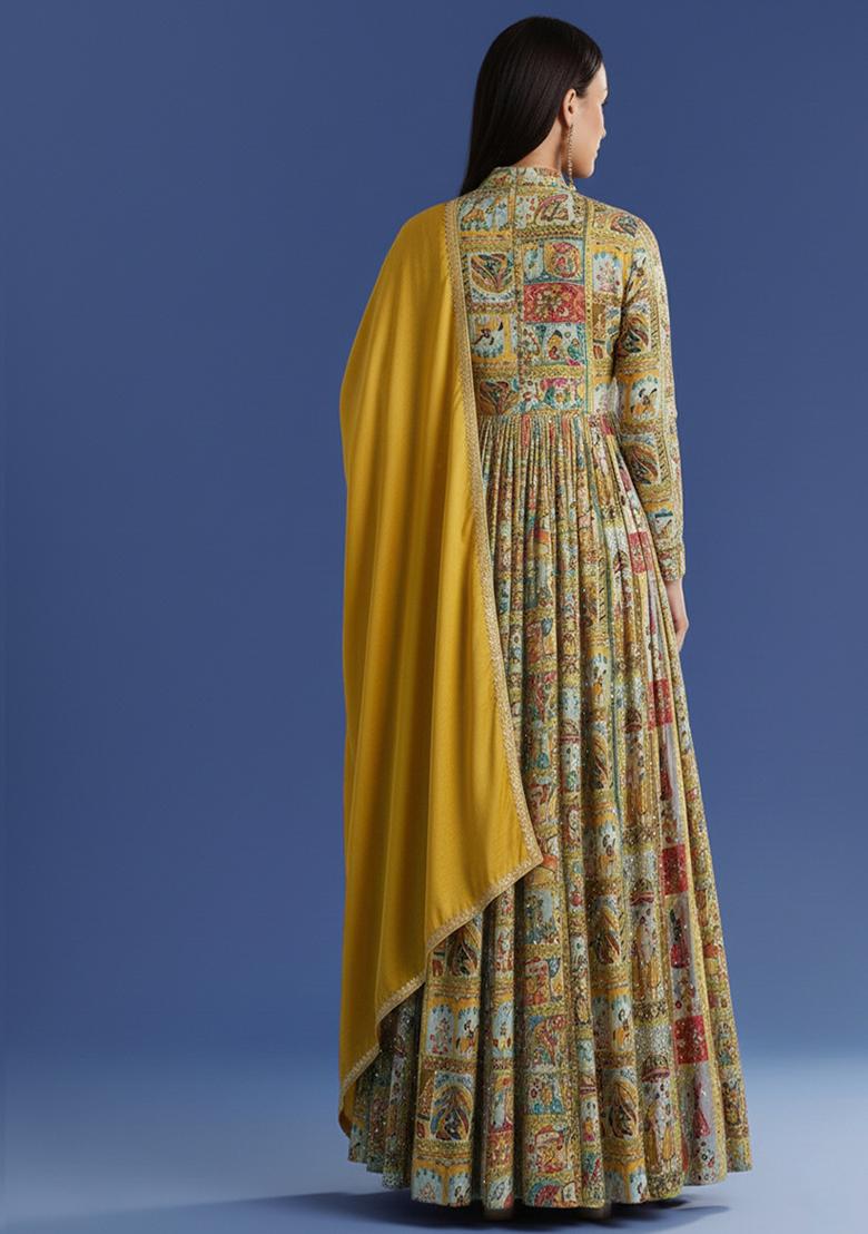 Mustard Figure Print Chinon Anarkali With Dupatta - Indya