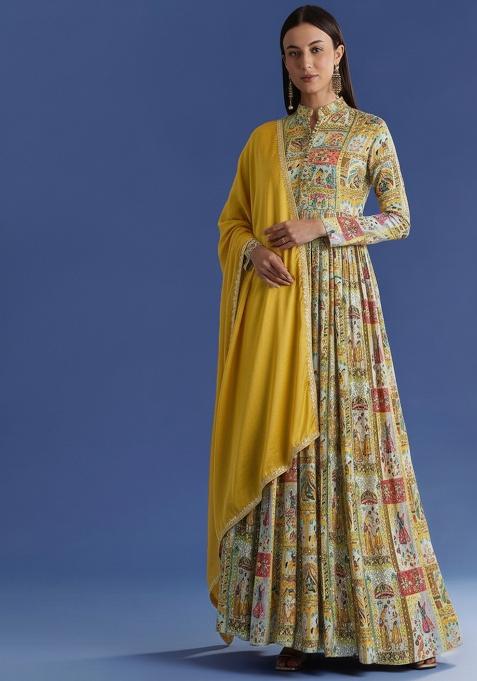 Mustard Figure Print Chinon Anarkali With Dupatta
