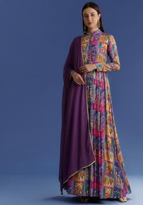 Deep Purple Figure Print Chinon Anarkali With Dupatta