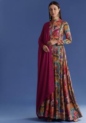 Pink Figure Print Chinon Anarkali With Dupatta