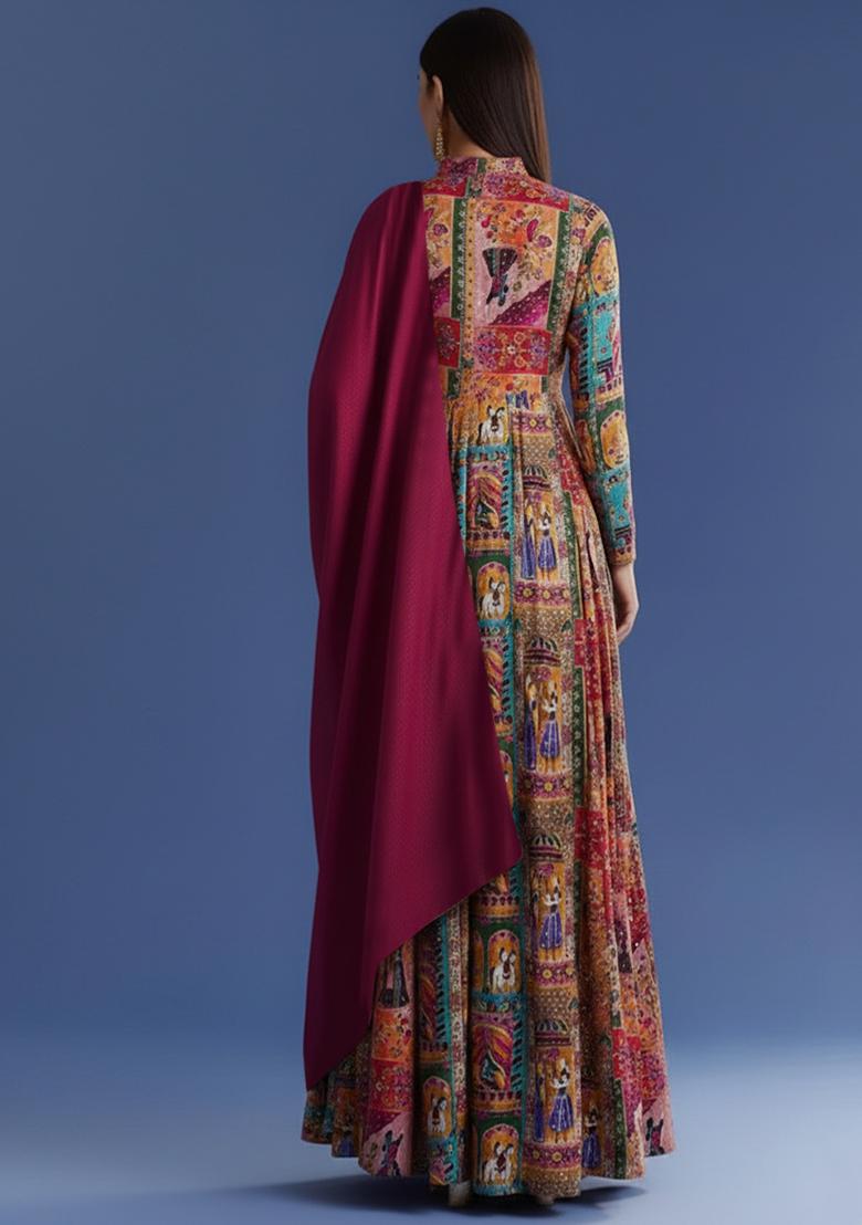 Pink Figure Print Chinon Anarkali With Dupatta - Indya