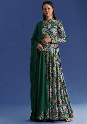 Emerald Green Figure Print Chinon Anarkali With Dupatta