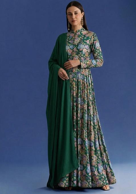 Emerald Green Figure Print Chinon Anarkali With Dupatta