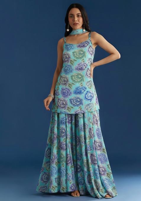 Aqua Blue Embroidered Chinon Sharara Set