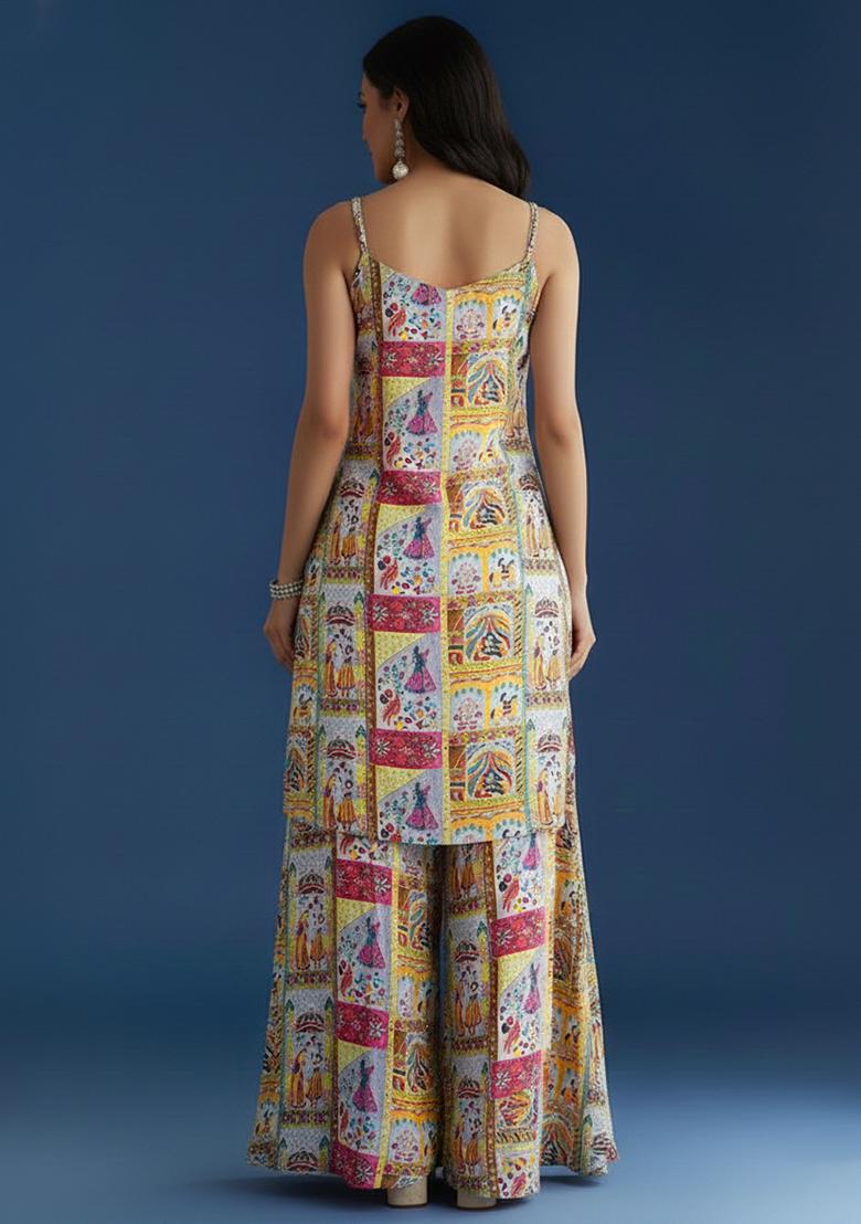 Yellow Figure Print Chinon Sharara Set - Indya